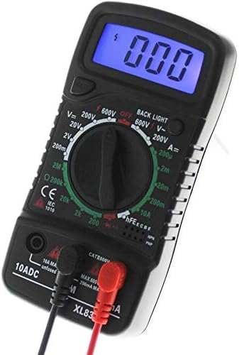 XL830L Multimeter with test leads connected and backlight on