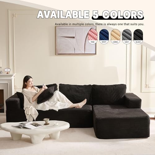 EJC 107 Inches Boneless Couch, Sofa Bed Couch for Living Room with Memory Foam, L Shaped-Right, Corduroy, Black - 4