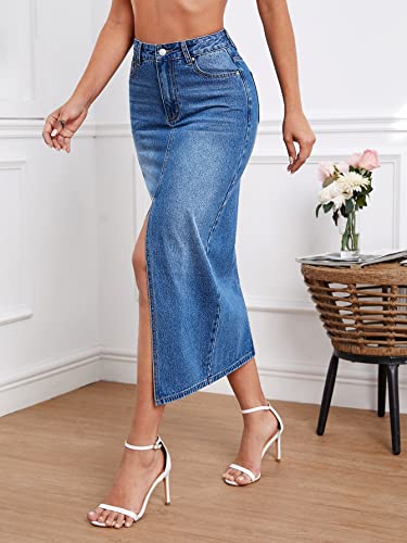 Sweatyrocks Women's Casual Denim Skirt High Waist Split Front Long Jean Skirts Plain Blue M #TOP3