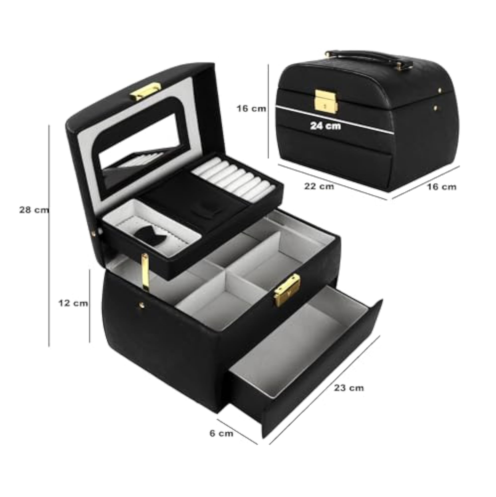Luxury Lockable 3 Layer Leather Jewelry Box Organizer, Black