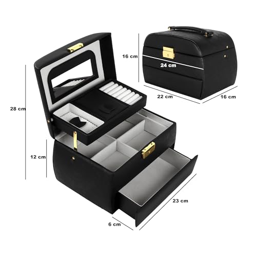 Image of KRISHYAM Luxury Lockable 3 Layer Leather Jewelry Box Organizerwith Mirror, Drawer & Key - Black Faux Leather Travel Case for Women & Girls