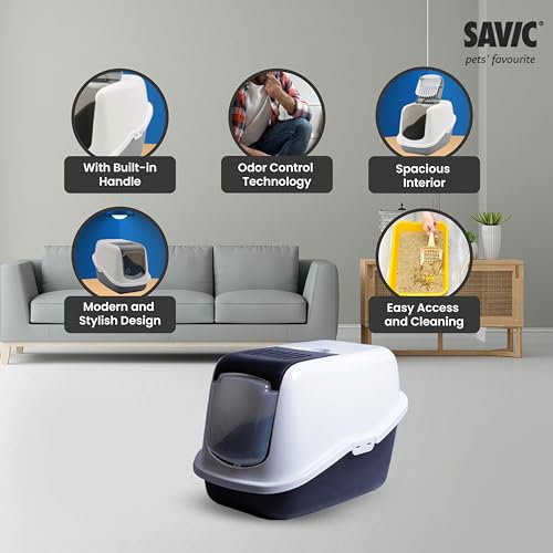 Image of Savic Nestor Covered Cat Litter Box for Indoor Cats, Enclosed Hooded Cat Toilet Home with Flip-Up Door, Odor Control & Easy Cleaning Design - Black, 22x15x15 Inch | Covered Hooded Design