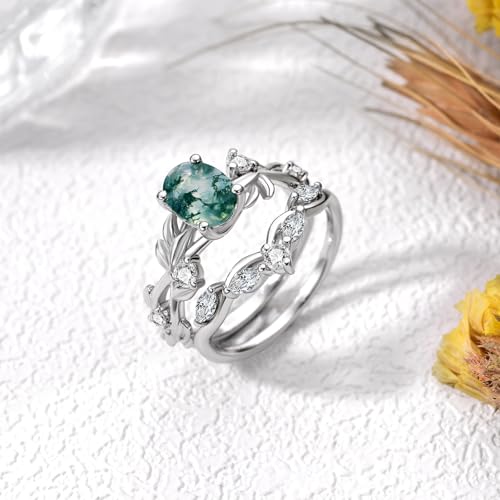 Oval Shape Moss Agate Engagement Ring Set for Women, 925 Sterling Silver 1 Carat Green Moss Agate Leaf Wedding Ring Set Anniversary Jewelry Bridal Gifts for Women4