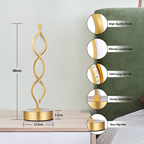 Nuür Gold Infinity Spiral Led Table Lamp, Lamps For Bedrooms Dimmable Metallic Bedside Lamp With Touch Controller, 3 Colour Temperature, 15.8 Inch Height For Living Room #TOP6