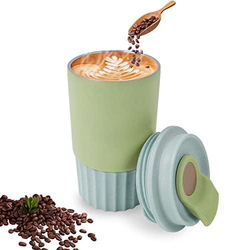 Thermobecher, Kaffee Reisebecher mit auslaufsicherem Deckel, Wiederverwendbare Kaffeetasse, Auslaufsicherer Edelstahl Thermobecher für Kaffee und Tee unterwegs (Grün) Cover