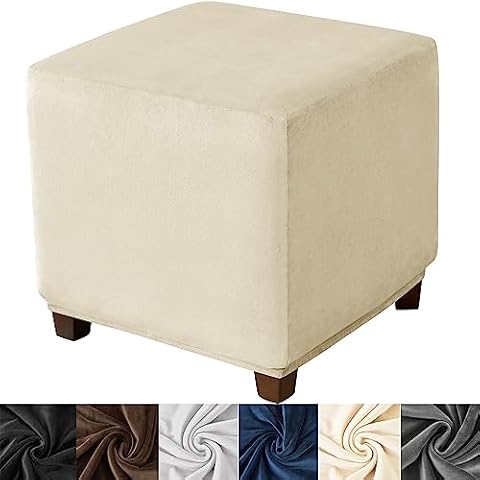 HFCNMY Ottoman Cover Square,Stretch Velvet Square Ottoman Cover Thick Ottoman Slipcover Square Washable Storage Ottoman Cover Foot Stool Cover with Elastic Bottom Beige Large Cover
