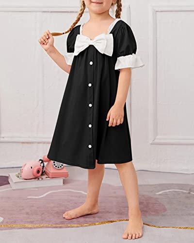 Fessceruna Girls Casual Short Sleeve Dress Kids Ruffle Button Down Square Neck Midi Dress With Bow Tie Black #TOP1