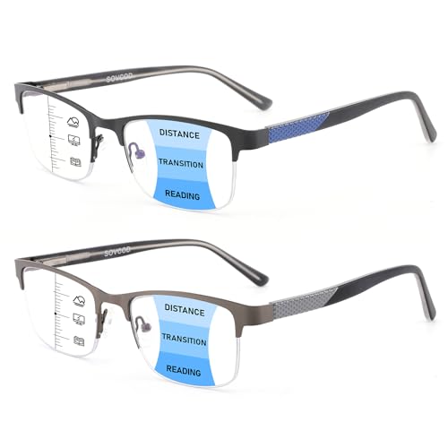 SOVCOD 2 Pack Mens Progressive Multifocus Reading Glasses Blue Light Blocking Man Spring Hinge Multifocal Readers Half Frame Metal Eyeglasses (Black & Gun, 1.5, x)