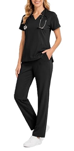 SINOTREX Scrubs for Women, V-Neck Scrub Uniform Top with Straight Leg Pants | Moisture-Wicking Soft Fabric, 9 Utility Pockets, Flexible Comfort, Professional Fit, Ideal for Nurses and Medical Staff