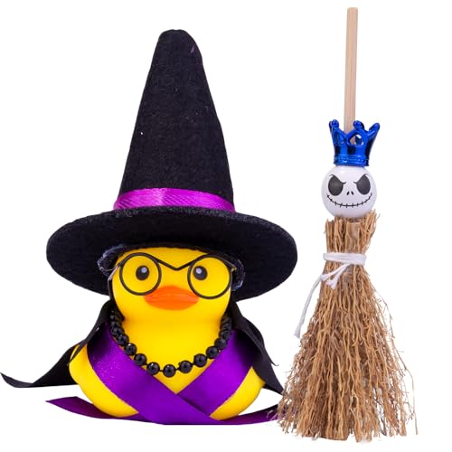 CoFuBcad Halloween Duck Car Ornament, Rubber Duck Car Dashboard Decor with Mini Witch Hat Sash Glasses Cloak Mini Broom