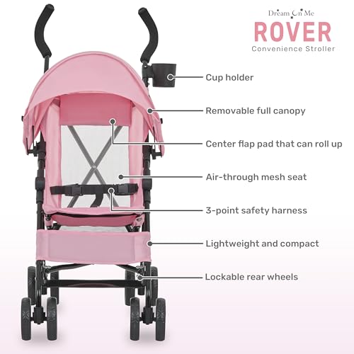 Dream On Me Rover Convenience Baby Stroller in Pink, Lightweight & Compact Umbrella Stroller, Easy one-Hand fold Travel Stroller, Lockable Rear Wheels, Removable & Adjustable Canopy - Image 5