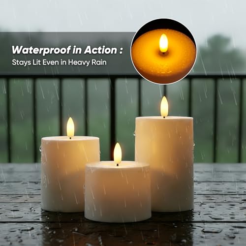 Image of Raycare White Outdoor Waterproof Flameless Candles with Remote and Timer, Realistic LED Candles, Battery Operated Electric Fake Pillar Candles for Porch, Patio, Garden, Set of 3