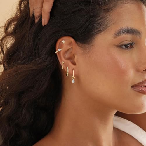 Image of Gold Earrings for Women, 14k Gold Plated Dangle Huggie Earrings for Women Trendy Dainty Gold Hoop Earring Stacks Hypoallergenic Pearl Chain Drop Cartilage Earring Fashion Womens Jewelry