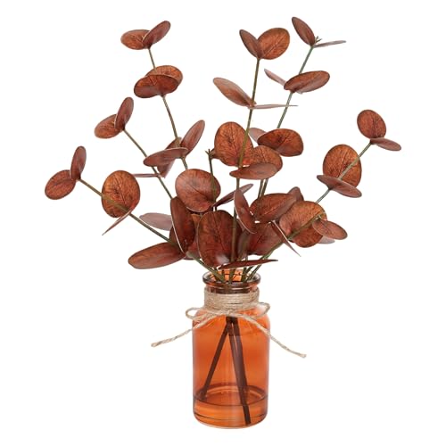 Muhanjia Artificial Eucalyptus Stems in Amber Glass Vase with Faux Water,3Pcs Fake Plant with Double-Sided Terracotta Leaves for Centerpiece (Double-Sided Terracotta Eucalyptus)