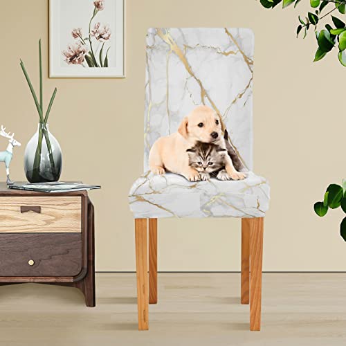 Xigua 4 Pack Chair Covers For Dining Room,White Gold Marble Texture Stretchable Dining Chair Slipcover Washable Removable For Kitchen,Hotel,Restaurant,Ceremony Protector - Universal Size #TOP4