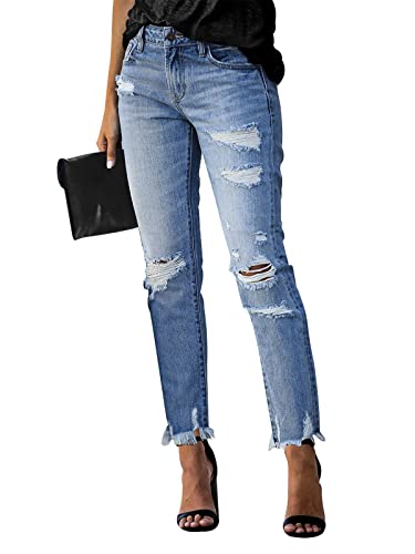 Kunmi Women's Ripped Boyfriend Slim Fit Jeans Frayed Distressed Stretchy Denim Pants #TOP1