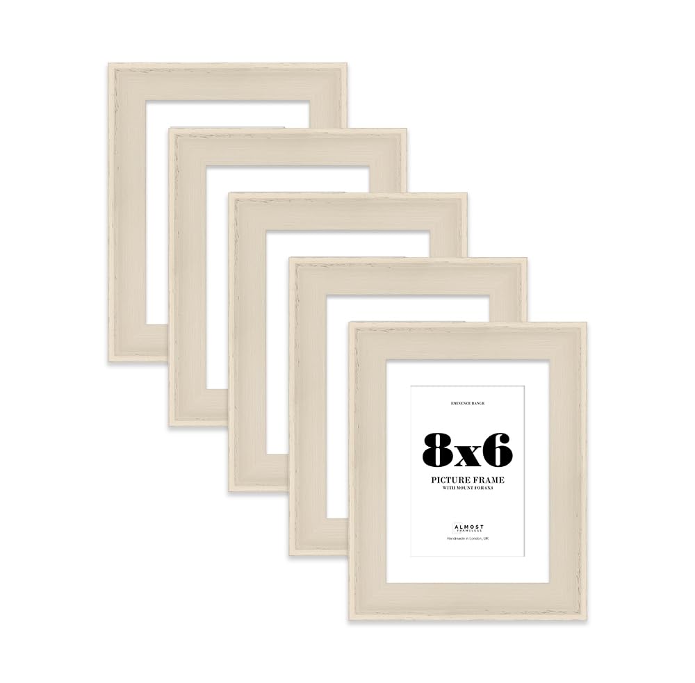 8x6" Cream Picture Frame with 6x4" Mount - Shabby Chic Photo Frame with Distressed Finish, Wall Hooks and Kickstand, 32mm Edge - 5 Pack