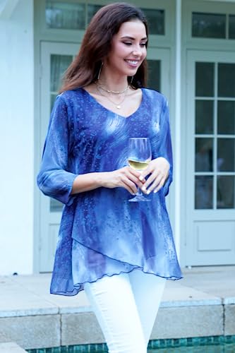 SeSe Code Tunic Tops To Wear With Leggings, Elegant Formal Blouses For Wedding Guest 3/4 Sleeve Top Dressy Chiffon Shirt Summer Business Casual Outfits Blue 2Xl — view 2