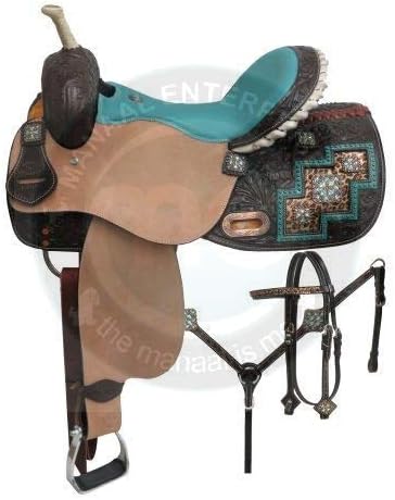 Manaal EnterprisesPremium Leather Western Barrel Racing Adult Horse Saddle Tack, Get Matching Headstall, Breast Collar & Reins Size 14"-18" Inch (16" Inch)
