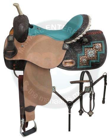Manaal EnterprisesPremium Leather Western Barrel Racing Adult Horse Saddle Tack, Get Matching Headstall, Breast Collar & Reins Size 14"-18" Inch (14" Inch)