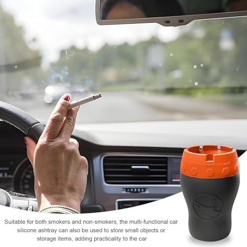 Image of Car Silicone Ashtray, Smokeless Drop-Proof Auto Ash Tray for Cup Holder, Windproof Portable Vehicle Cigarette Ash Tray for Home Outside Office, Interior Car Accessories (Orange)