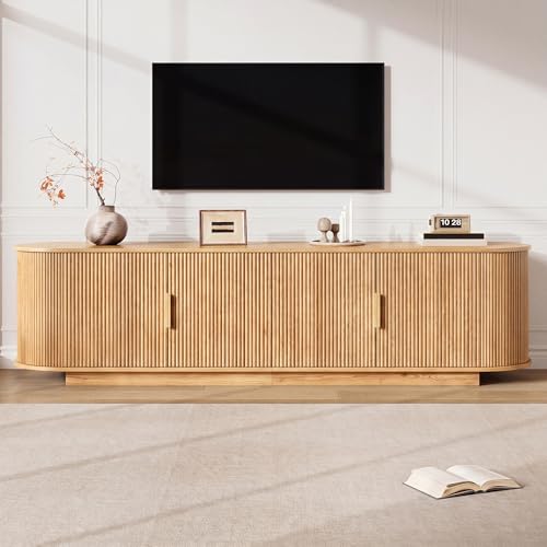 DHHU Meuble TV Bas, Structure ondulée, Structure en Panneaux de Particules et MDF, poignées en métal, 4 Portes, Grand Espace de Rangement