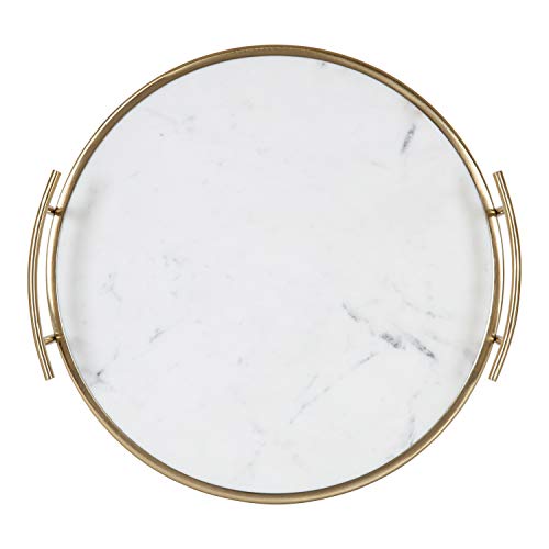 Kate And Laurel Marbury Modern Round Tray, 14 Inch Diameter, White Marble And Gold, Contemporary Marble Tray For Storage And Display #TOP6
