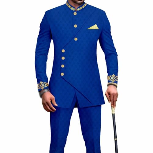 Image of Ourmoon Dashiki Suit Set for Men Traditional African Shirt and Trousers Outfit Formal Suit Fashion Tracksuit Ethnic Suit(Blue,Small)