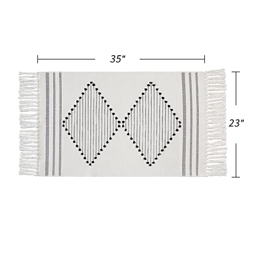 Mitovilla White Boho Rug 2'X3', Vintage Area Rugs, Small Boho Bathroom Rug With Tassel, Bohemian Runner Rug For Bedroom, Farmhouse Geometric Bath Mat, Washable Cotton Woven Vanity Room Throw Rug #TOP1