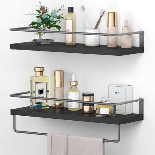 Onlysky Black Floating Shelves with Grey Towel Rack - Set of 2 Wall Mounted Hanging Bathroom Shelves, Decorative Shelves for Stylish Storage in Bathroom, Kitchen, Living Room & Bedroom