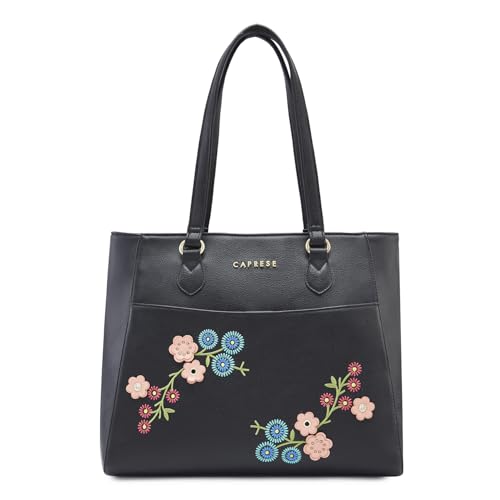 Image of Caprese Erica Tote Medium Black - Kiara Exclusive Floral Design, Spacious Interior, Middle Compartment, Trendy Shoulder Bag for Office and Daily use