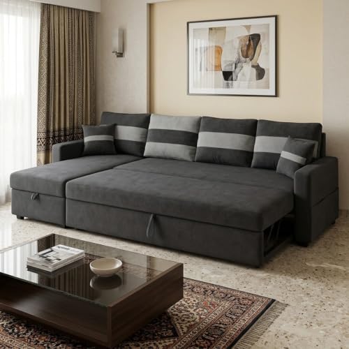 Image of CASASTYLE Sumur 6 Person Seating LHS L Shape Sofa with Pull Out Bed & Storage Lounger | Premium Soft Velvet Suede Fabric | Comfort Cushions | Ideal for Living Room, Hotel & Office (Dark Grey)