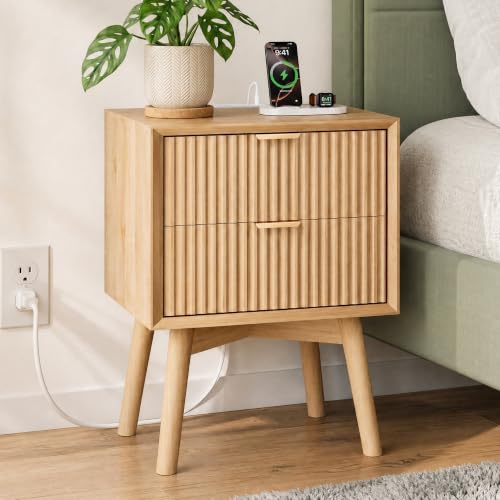 FavourLife Fluted Nightstand with Charging Station & Beveled Edges, Natural