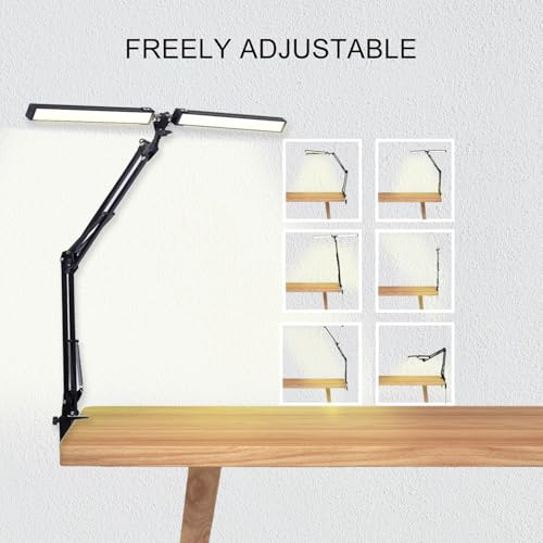 Image of NYRWANA Double Head LED Table Lamp for Study Room | Desk Lamp with Swing Arm Stand | Dimmable 3 Lighting Modes | Clamp Base Study Lamp for Reading, Work, Video Recording, Makeup & Streaming (Black)