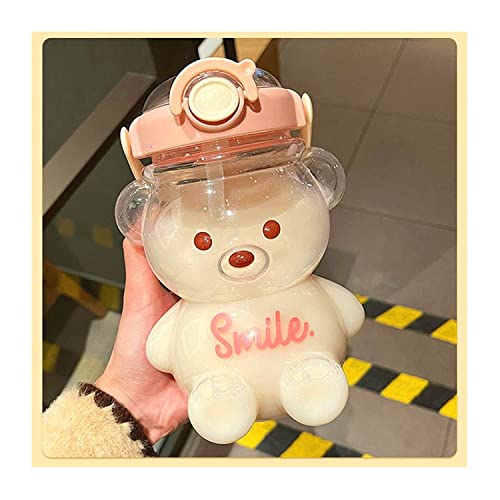 Kawaii Bear Straw Bottle, Cartoon Kids Water Bottle Bpa Free with Straw and Built in Carrying Loop, Adjustable & Removable Shoulder Strap, Made of Durable Plastic, Leak-Proof Design for Travel