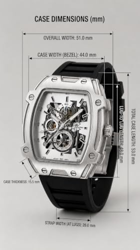 Image of Tonneau Skeleton Automatic Watch for Men - Stainless Steel Case, Mechanical Dial & Premium Black Silicon Strap
