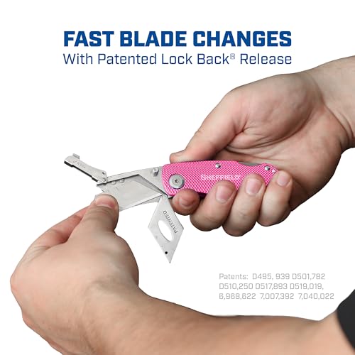 Image of Sheffield 12346 Lock Back Utility Knife 4 Pack with 10 Utility Knife Blades | Box Cutter with Aluminum Texture Grip Handle, Features Pocket Clip, Patented Quick Change Utility Blade Mechanism