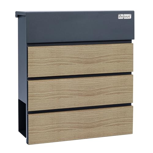 Zelsius Buzón de madera con compartimento para periódicos, color antracita RAL7016 con aspecto de madera, efecto de cierre suave integrado, montaje en pared o soporte, buzón de pared, buzón de correo,