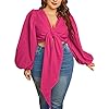 MakeMeChic-Womens-Plus-Size-Lantern-Sleeve-Deep-V-Neck-Tie-Front-Blouse-Crop-Top MakeMeChic Women's Plus Size Lantern Sleeve Deep V Neck Tie Front Blouse Crop Top Hot Pink 3XL