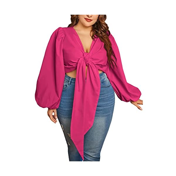 MakeMeChic-Womens-Plus-Size-Lantern-Sleeve-Deep-V-Neck-Tie-Front-Blouse-Crop-Top MakeMeChic Women's Plus Size Lantern Sleeve Deep V Neck Tie Front Blouse Crop Top Hot Pink 3XL