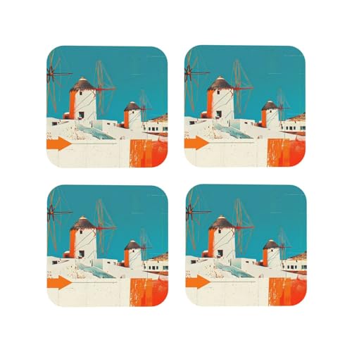 Lot de 4 sous-verres colorés en forme de moulins à vent grecs pour protection de table, dessous de verre carrés pour décoration de la maison, décoration de salon, 10 cm