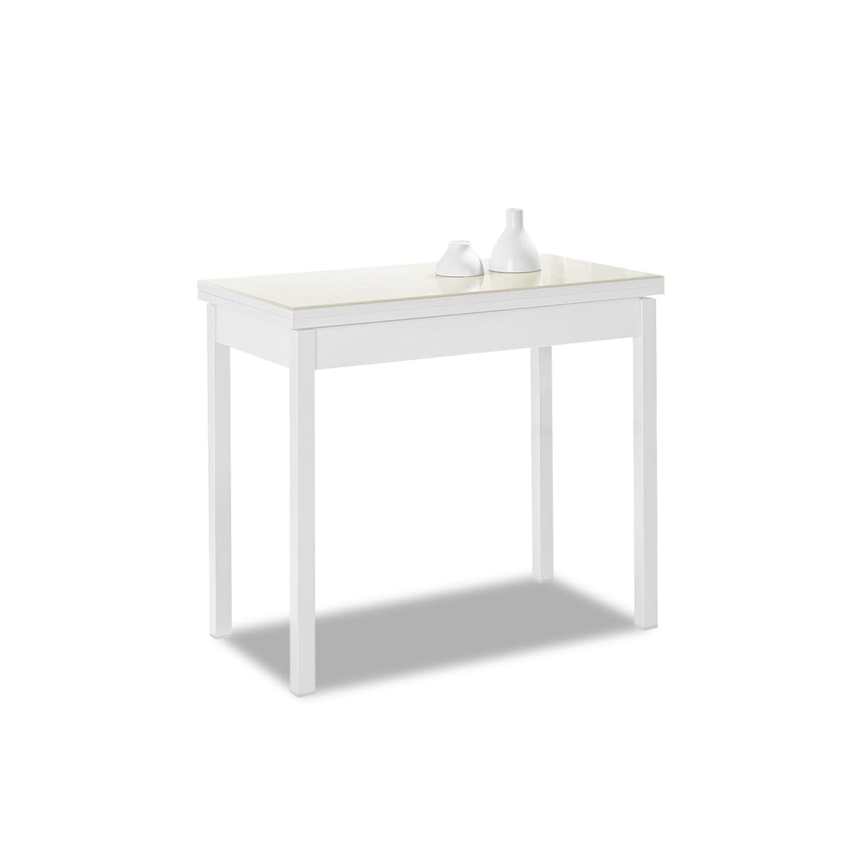 ASTIMESA Mesa de Cocina Extensible de Libro sin cajón - 80x40 cm (80x80 cm) - Estructura y Tapa Interior Color Blanca - Tapa Superior Cristal Color beig