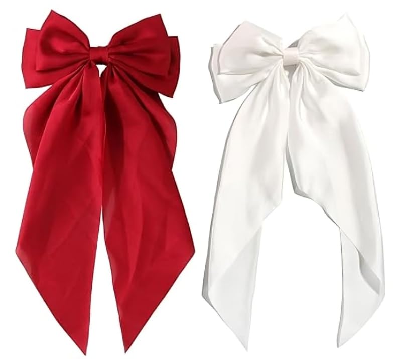 Image of Big Satin Layered Hair Bows for Women Girls 11.5 Inch Barrette Hair Clip Long Back Ribbon Bows French Style Hair Accessories (Maroon,White)