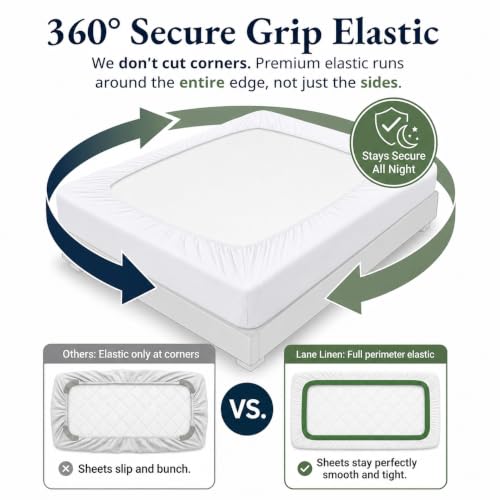 Image of LANE LINEN 100% Organic Cotton Fitted Bedsheet for Double Bed - White | GOTS Certified, Percale Weave, 78x60 inches, Fits Upto 12 inch Mattress, Soft, Breathable, Washable, 2 Pillow Covers