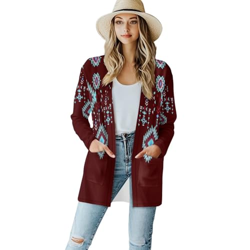 Woman Western Style Aztec Cardigan Long Sleeve Geometric Aztec Print Casual Lightweight Open Front Cardigan Coat2