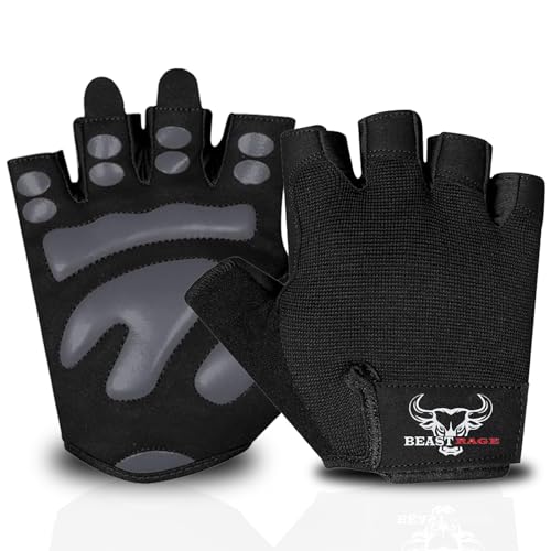 BEAST RAGE Weight Lifting Gloves Workout Bodybuilding Fitness Non Slip Padded Palm Grip Gym Gloves Breathable Outdoor Running Sports Training Exercise Men Women Strength (S, Black)