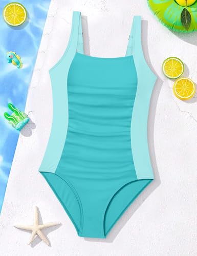 Image of Girl Swimsuit One Piece Bathing Suit for Girls Solid Color Ruched Adjustable Straps Padded Swimwear 9-18y