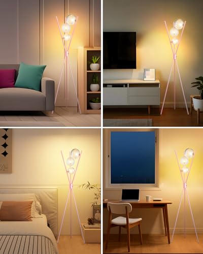 Image of Lightdot Tripod Floor Lamp Dimmable Pink Standing Lamps with Globe Clear Glass Lampshade 3PCS 3000K Bulbs Included Mid Century Modern Floor Lamp for Living Room /Bedroom /Sofa Beside /Corner Decor