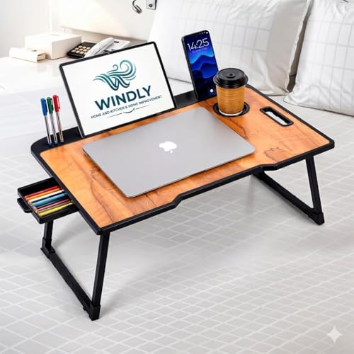 WINDLY Wood Multipurpose Foldable Laptop Table with Cup Holder | Table Home Study Writing Table, Foldable and Portable/Ergonomic Edges Kids & Adults (Wood)