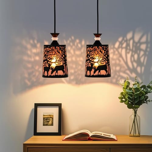 Image of Groeien Pack of 2 | Black Finish Metal Crystal Hanging Pendant Ceiling Lamp Fixture | Chandelier for Home, Indoor, Outdoor,Living Room, Bedroom(Bulb not Included) (DeerShade, 2)